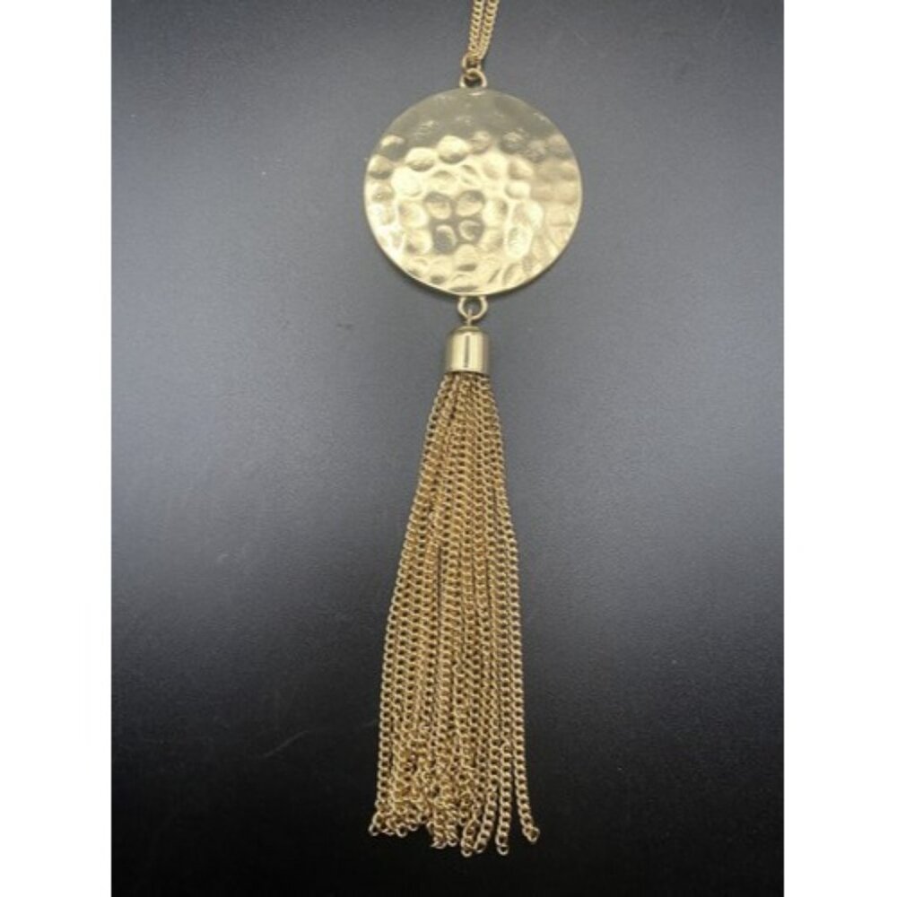 Necklace W/Tassel Long Hammered Metal Medallion Yellow Gold Tone Pendant 32" - Picture 3 of 4